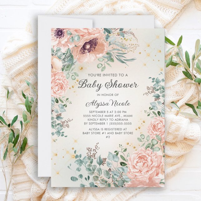 Pink Floral Foliage Gold Glitter Baby Shower Invitation (Creator Uploaded)