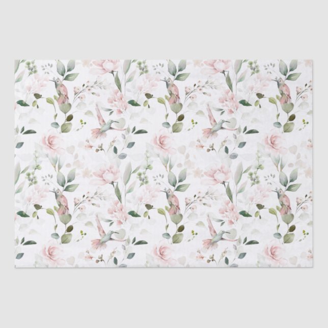 Pink Floral Foliage Hummingbird  Tissue Paper (Front)