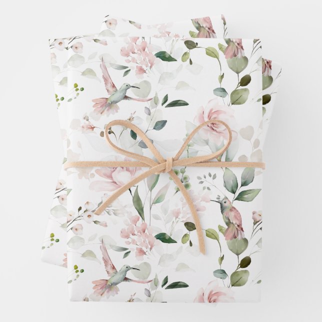 Pink Floral Foliage Hummingbird Wrapping Paper (In situ)