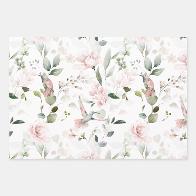 Pink Floral Foliage Hummingbird Wrapping Paper Sheet (Front)