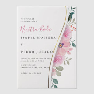 Pink Floral Foliage Nuestra Boda Spanish Wedding Vellum Invitations