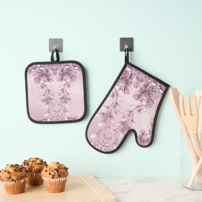 Pink Floral Foliage Oven Mitt & Pot Holder Set (Insitu(Hanging))