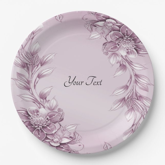 Pink Floral Foliage Paper Plate (Front)