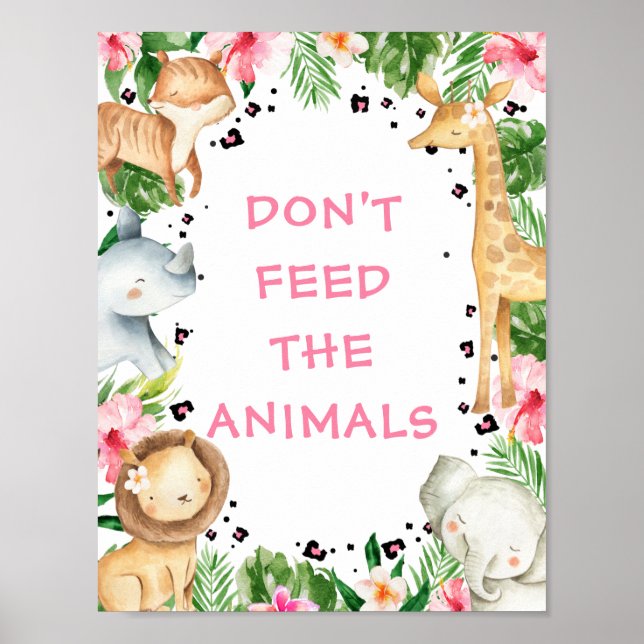 Pink Floral Foliage Safari Birthday Party Sign (Front)