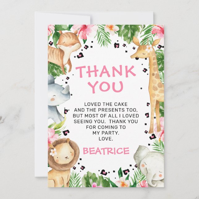 Pink Floral Foliage Safari Birthday Thank You Card (Front)