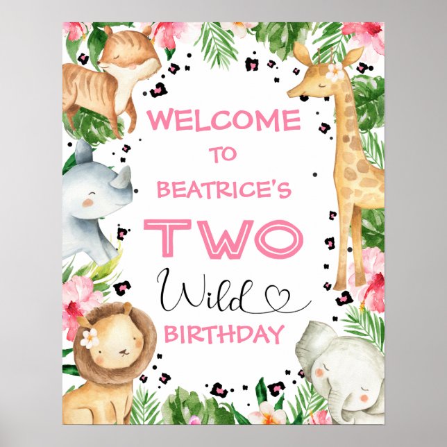 Pink Floral Foliage Safari Birthday Welcome Sign (Front)