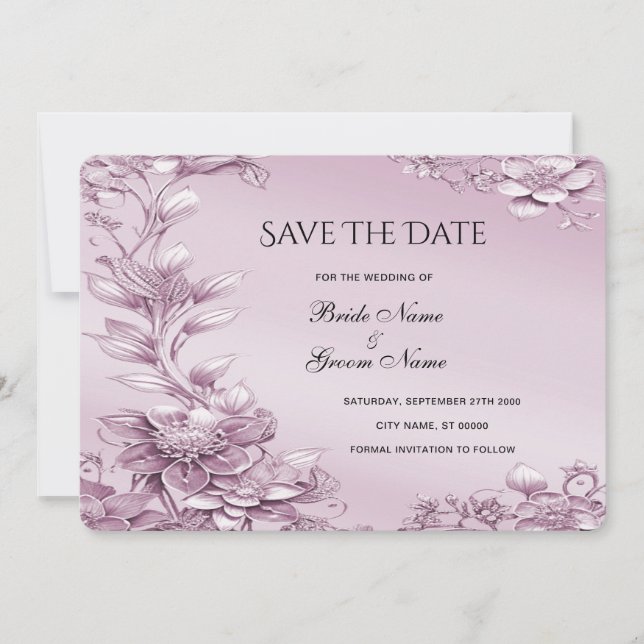 Pink Floral Foliage Save The Date Card (Front)