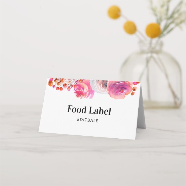 Pink Floral Food Label Buffet Card (Front)