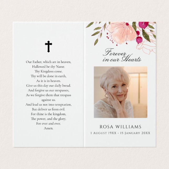 Pink Floral Forever In Our Hearts Memorial Card (Outside Unfolded)