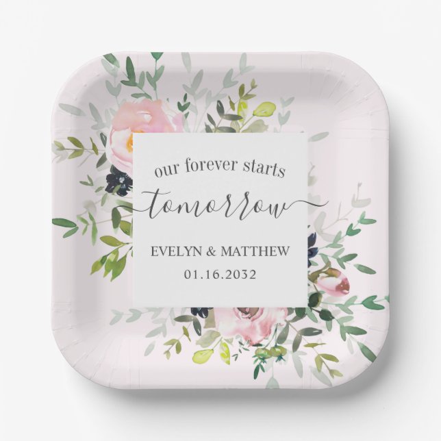 Pink Floral Forever Starts Tomorrow Rehearsal Paper Plate (Front)