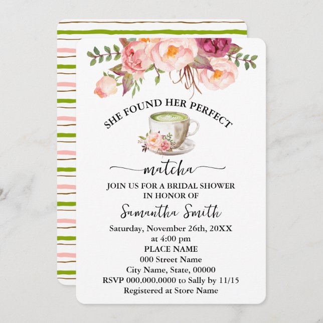 Pink Floral Found Her Perfect Matcha Bridal Shower Invitation (Front/Back)
