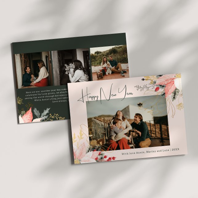 Pink Floral Four Photo Happy New Year Holiday Card (Creator Uploaded)