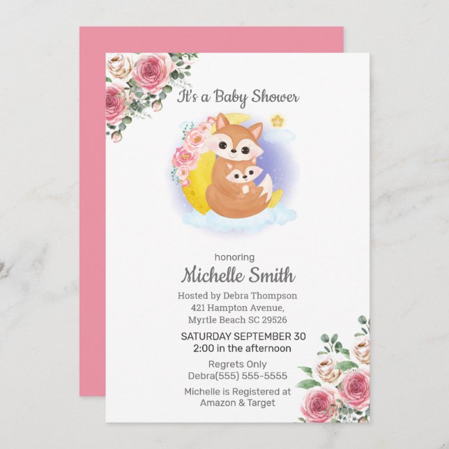 Pink Floral Fox Mum Baby Shower Invitation (Front/Back)