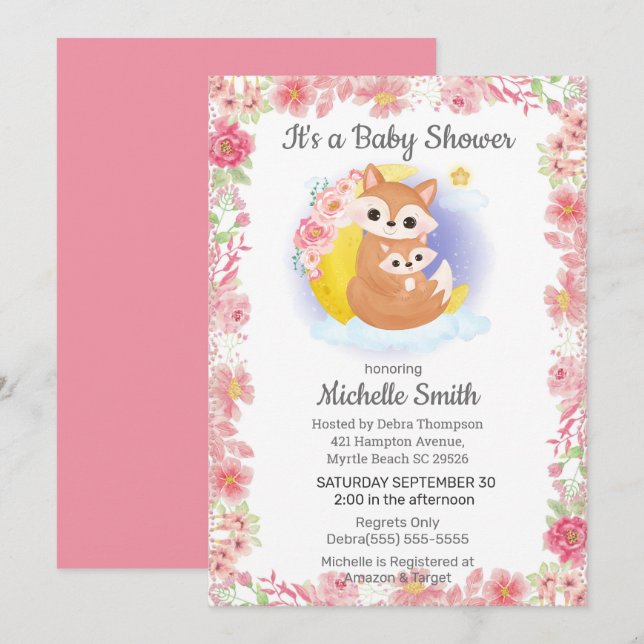 Pink Floral Fox Mum Baby Shower Invitation (Front/Back)