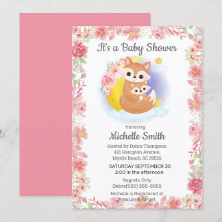 Pink Floral Fox Mum Baby Shower Invitation