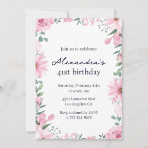 Pink Floral Frame 41st birthday invitations 