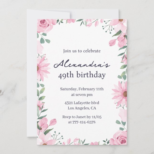 Pink Floral Frame 49th birthday invitations  (Front)