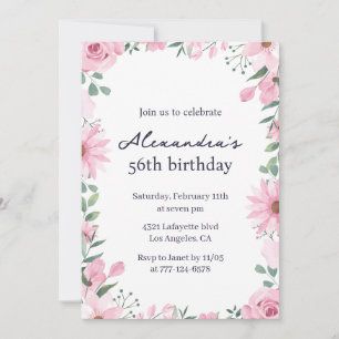 Pink Floral Frame 56th birthday invitations 