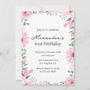 Pink Floral Frame 61st birthday invitations 