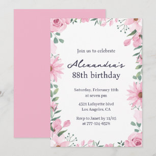 Pink Floral Frame 88th birthday Invitation