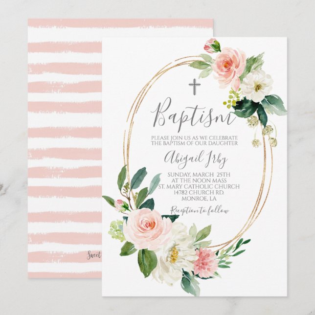 Pink Floral Frame Baptism Invitation (Front/Back)