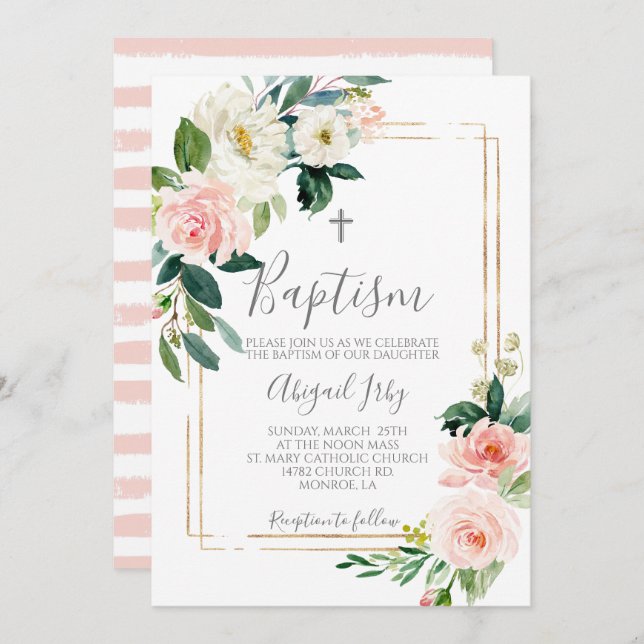 Pink Floral Frame Baptism Invitation (Front/Back)