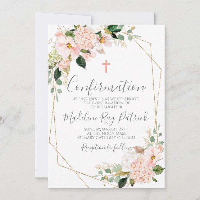Pink Floral Frame Confirmation  Invitation (Front)