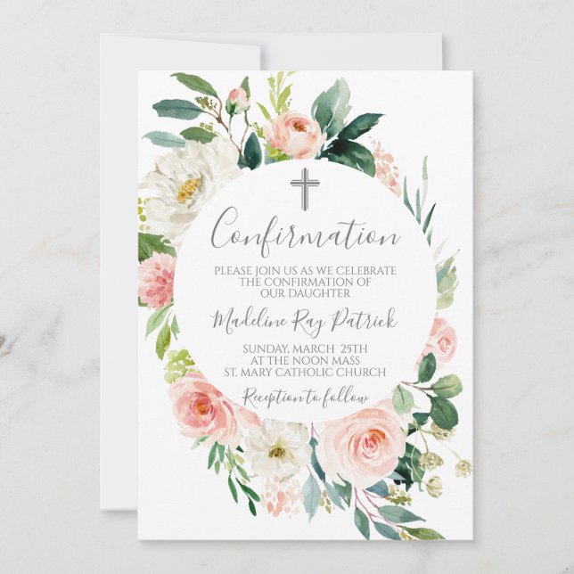 Pink Floral Frame Confirmation  Invitation (Front)