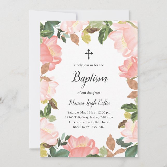 Pink Floral Frame Elegant Baptism Invitation (Front)