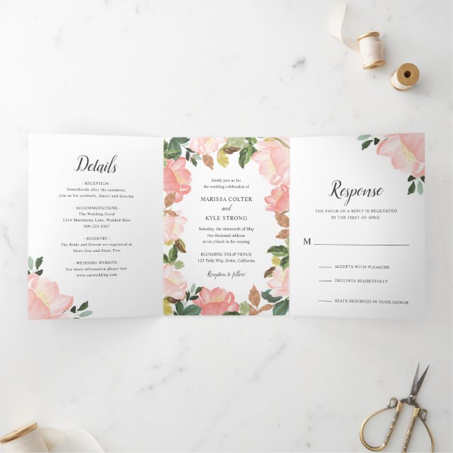 Pink Floral Frame Elegant Wedding Tri-Fold Invitation (Inside)