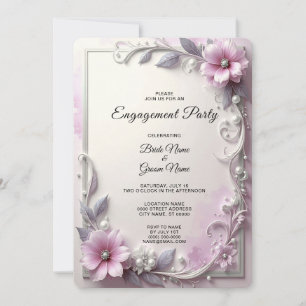 Pink Floral Frame Engagement Invitation