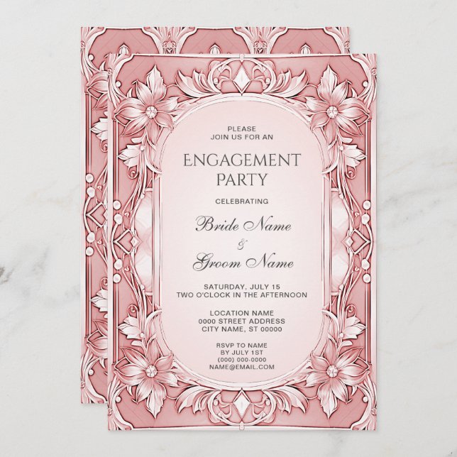 Pink Floral Frame Engagement Invitation (Front/Back)