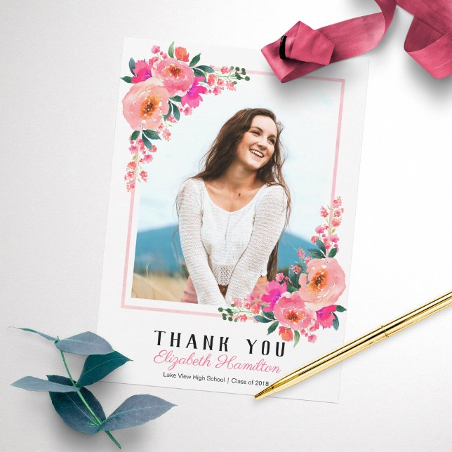 Pink Floral Frame Graduation Photo Thank You (Creator Uploaded)