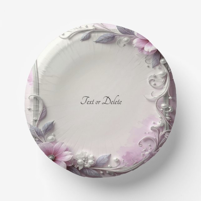 Pink Floral Frame Paper Bowls Plate (Front)