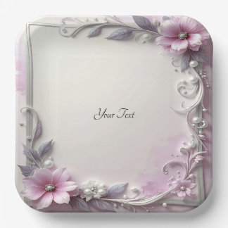 Pink Floral Frame Paper Plate