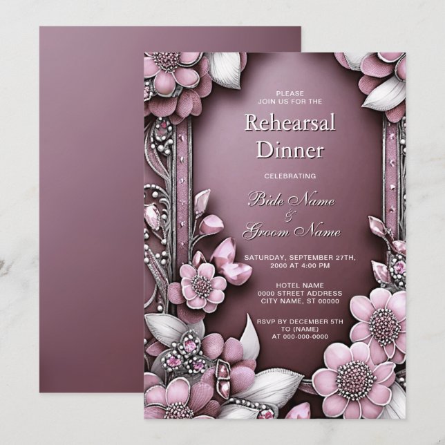 Pink Floral Frame Rehearsal Dinner Invitation (Front/Back)
