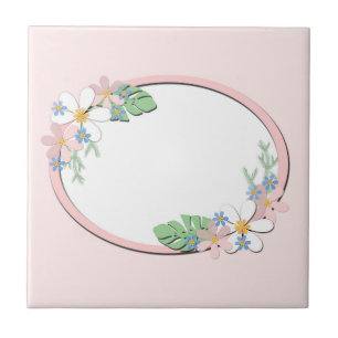 Pink floral frame round kids spring cute customiza tile