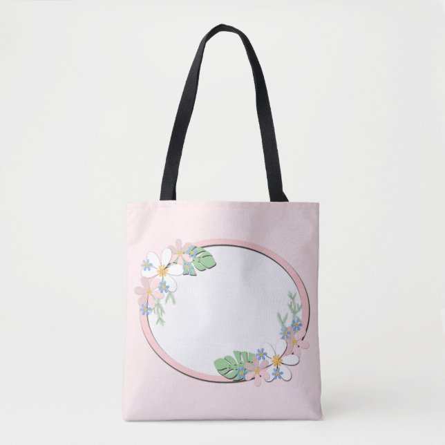 Pink floral frame round kids spring cute customiza tote bag (Front)