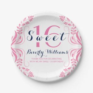 Pink Floral Frame Sweet 16 Template Paper Plate