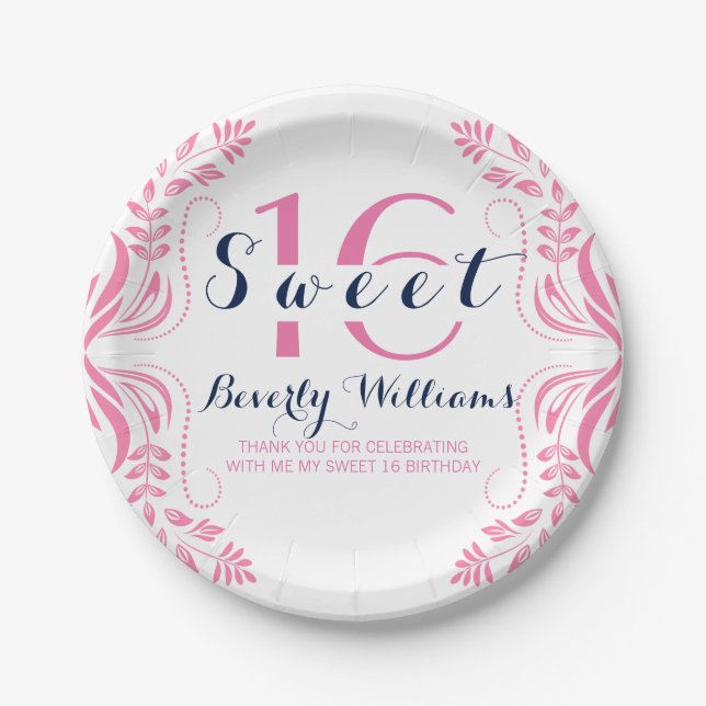 Pink Floral Frame Sweet 16 Template Paper Plate (Front)