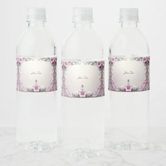 Pink Floral Frame Water Bottle Label