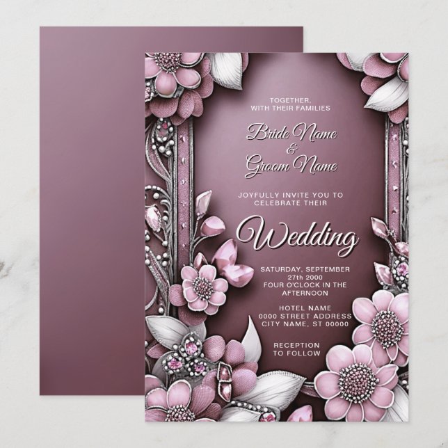 Pink Floral Frame Wedding Invitation (Front/Back)