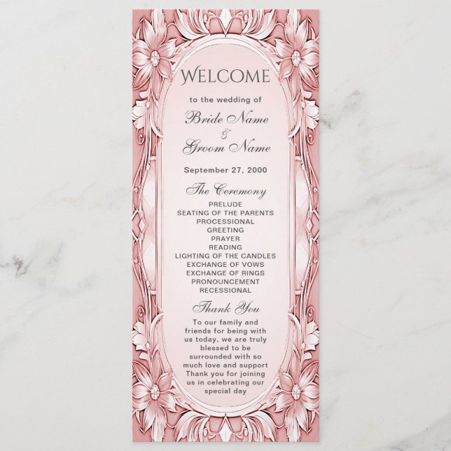 Pink Floral Frame Wedding Program Programme (Front)