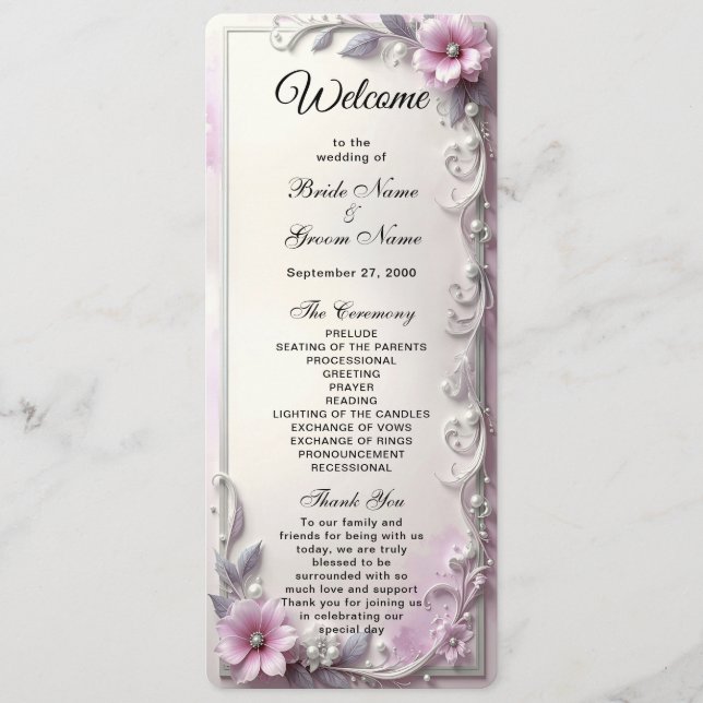 Pink Floral Frame Wedding  Programme (Front)