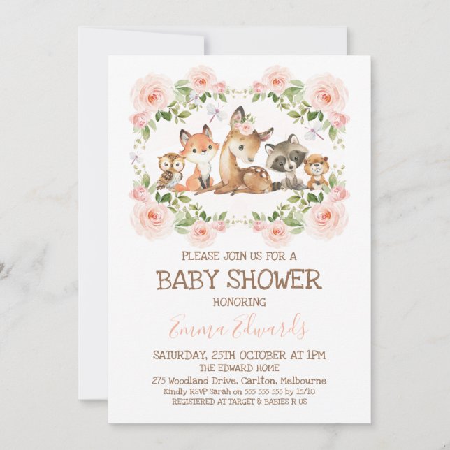 Pink Floral Frame Woodland Themed Baby Shower Invitation (Front)