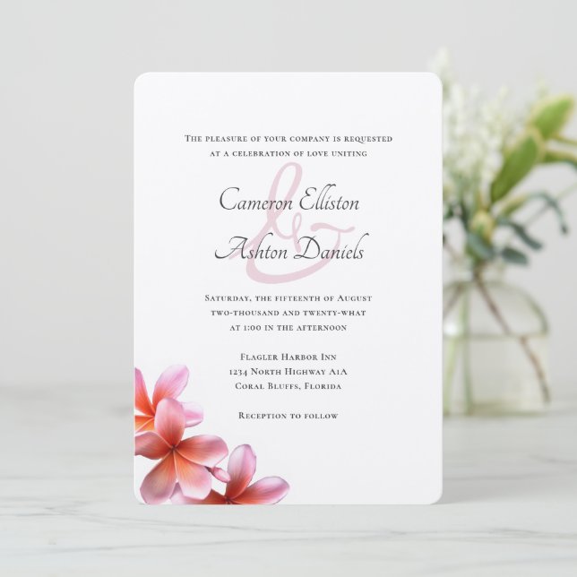 Pink Floral Frangipani White Wedding  Invitation (Standing Front)