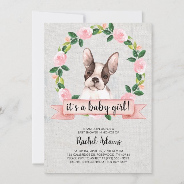 Pink Floral French Bull Dog Baby Shower Invitation (Front)