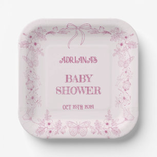 Pink Floral French Toile Girl Baby Shower  Paper Plate