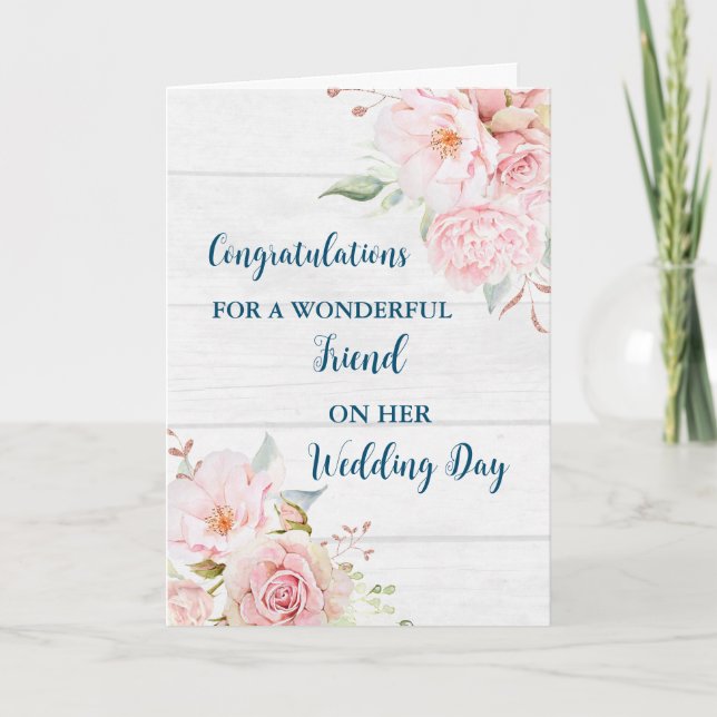 Pink Floral Friend Wedding Day Congratulations Card (Front)