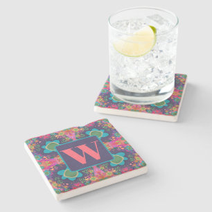 Pink Floral Fun Pattern Pretty Custom Initial  Stone Coaster